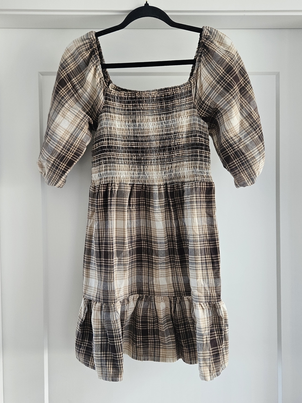 Smocked Plaid Mini Dress in Brown and Cream